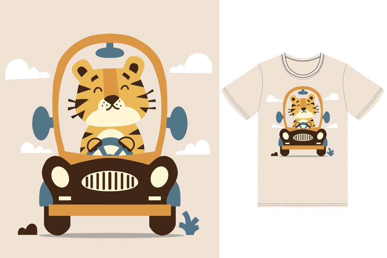 schattig tijger het rijden auto illustratie met t-shirt ontwerp premie vector