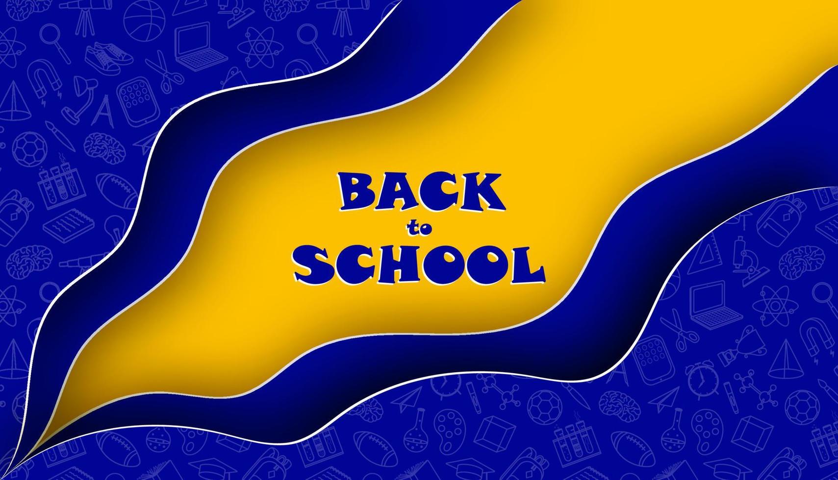 terug naar school. blauw golvend papier vormen Aan geel achtergrond met school- elementen tekening patroon. vector
