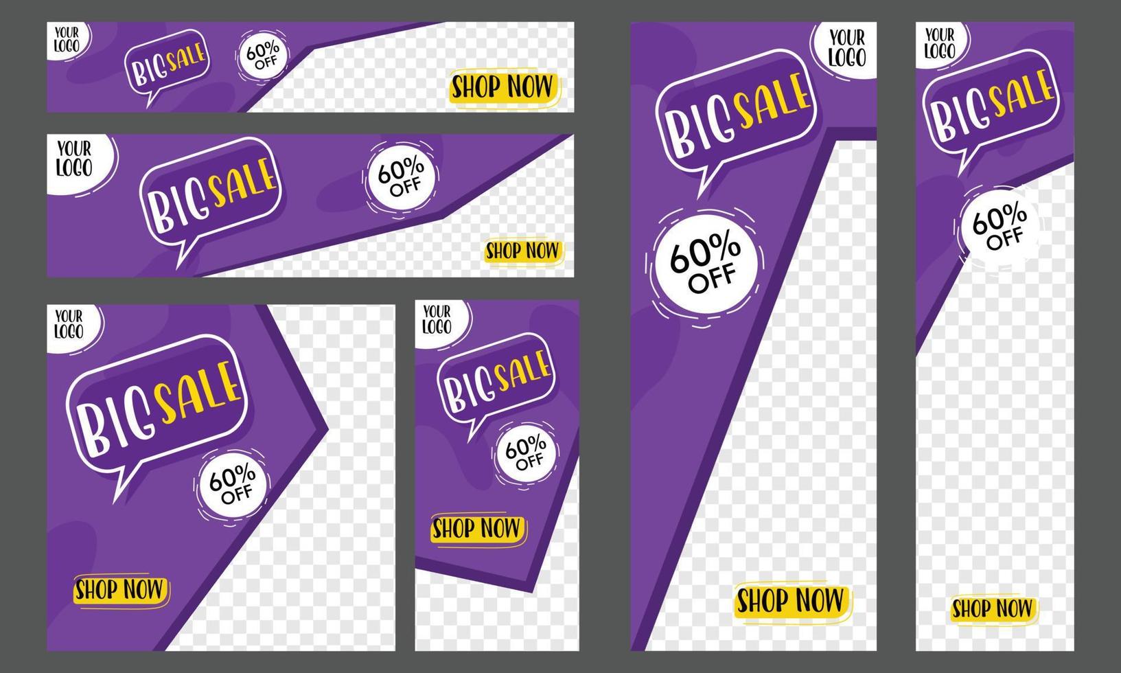 een reeks van banners voor groot uitverkoop inclusief een Purper en geel uitverkoop kleur sociaal media Promotie ontwerp sociaal media banier ontwerp aanbod vector