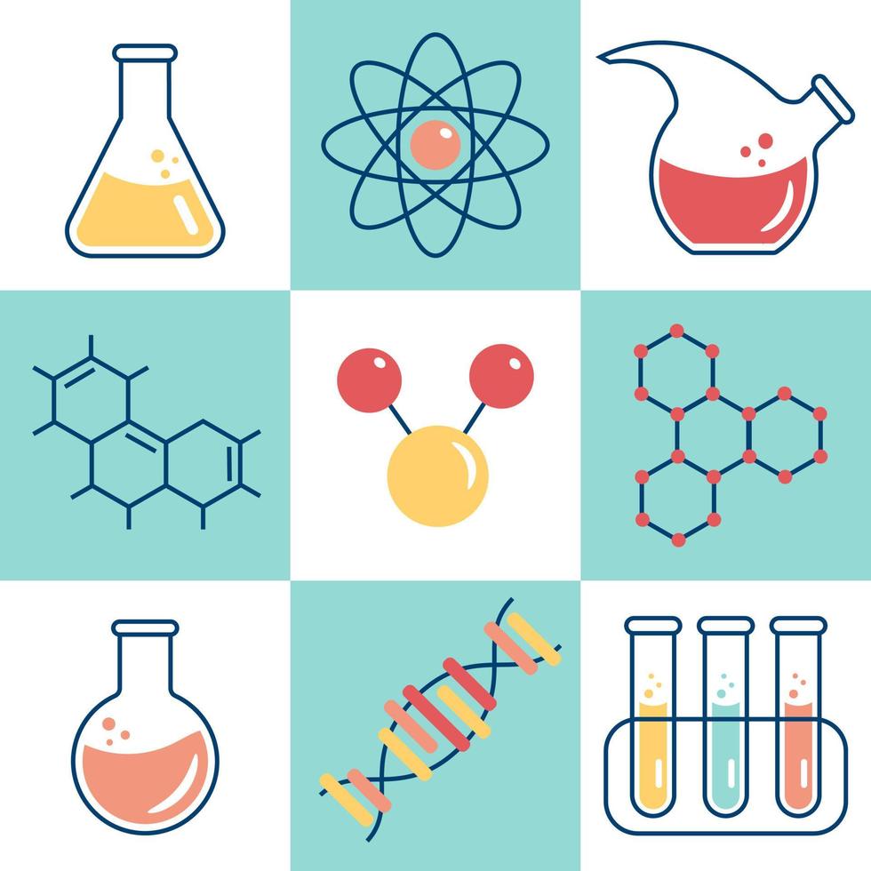 reeks icoon Chemicaliën, chemie, laboratorium, potten, bekers, kolven, elementen van de molecuul. vector illustratie