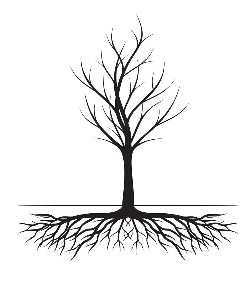 zwart boom met wortels. vector illustratie.