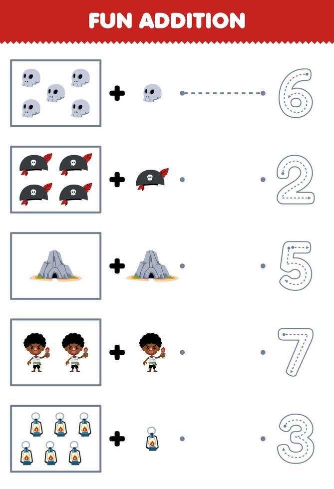 onderwijs spel voor kinderen pret tellen en toevoegen een meer tekenfilm schedel hoed grot jongen lantaarn vervolgens Kiezen de correct aantal piraat werkblad vector