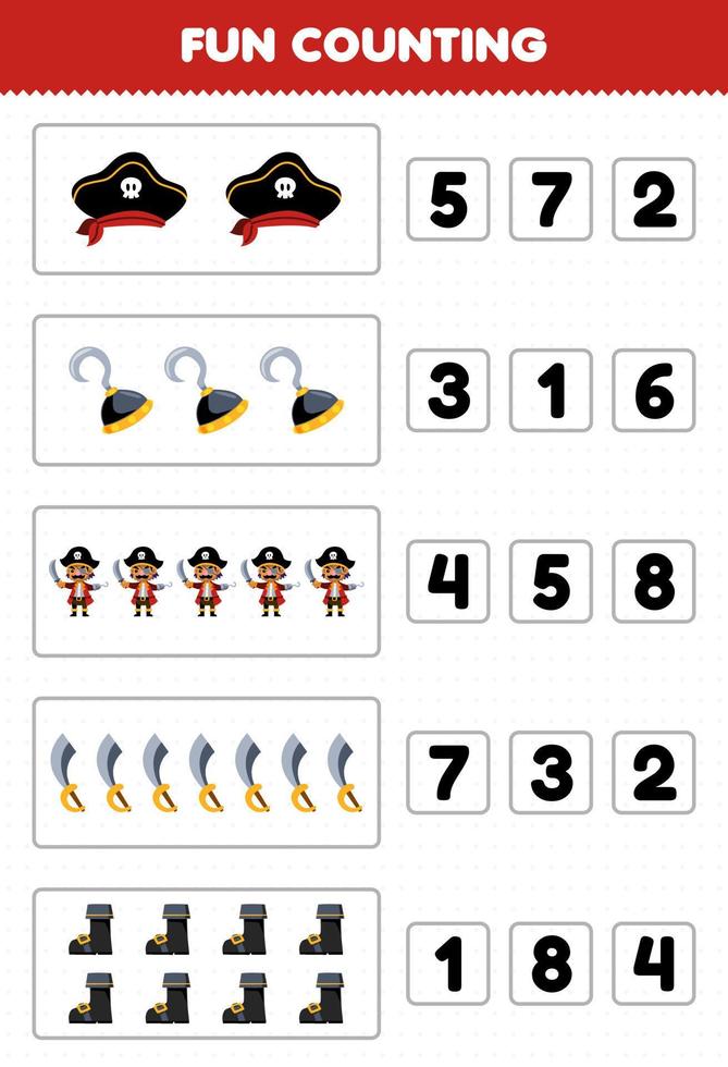 onderwijs spel voor kinderen pret tellen en kiezen de correct aantal van schattig tekenfilm hoed haak gezagvoerder zwaard bagageruimte afdrukbare piraat werkblad vector