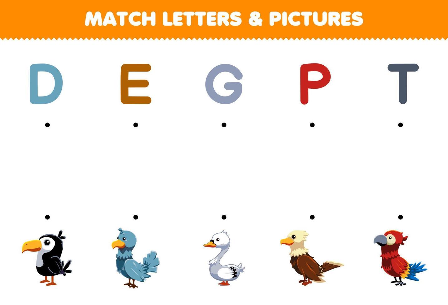 onderwijs spel voor kinderen bij elkaar passen brieven en afbeeldingen van schattig tekenfilm toekan duif gans adelaar papegaai afdrukbare dier werkblad vector