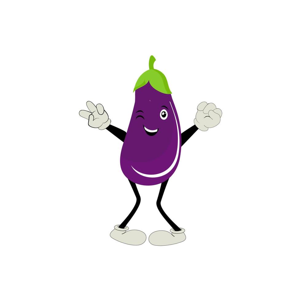 schattig aubergine karakter vector illustratie. vlak aubergine tekenfilm karakter zwaaien. minimaal Purper aubergine fruit ontwerp voor kinderen boeken. aubergine tekenfilm karakter.