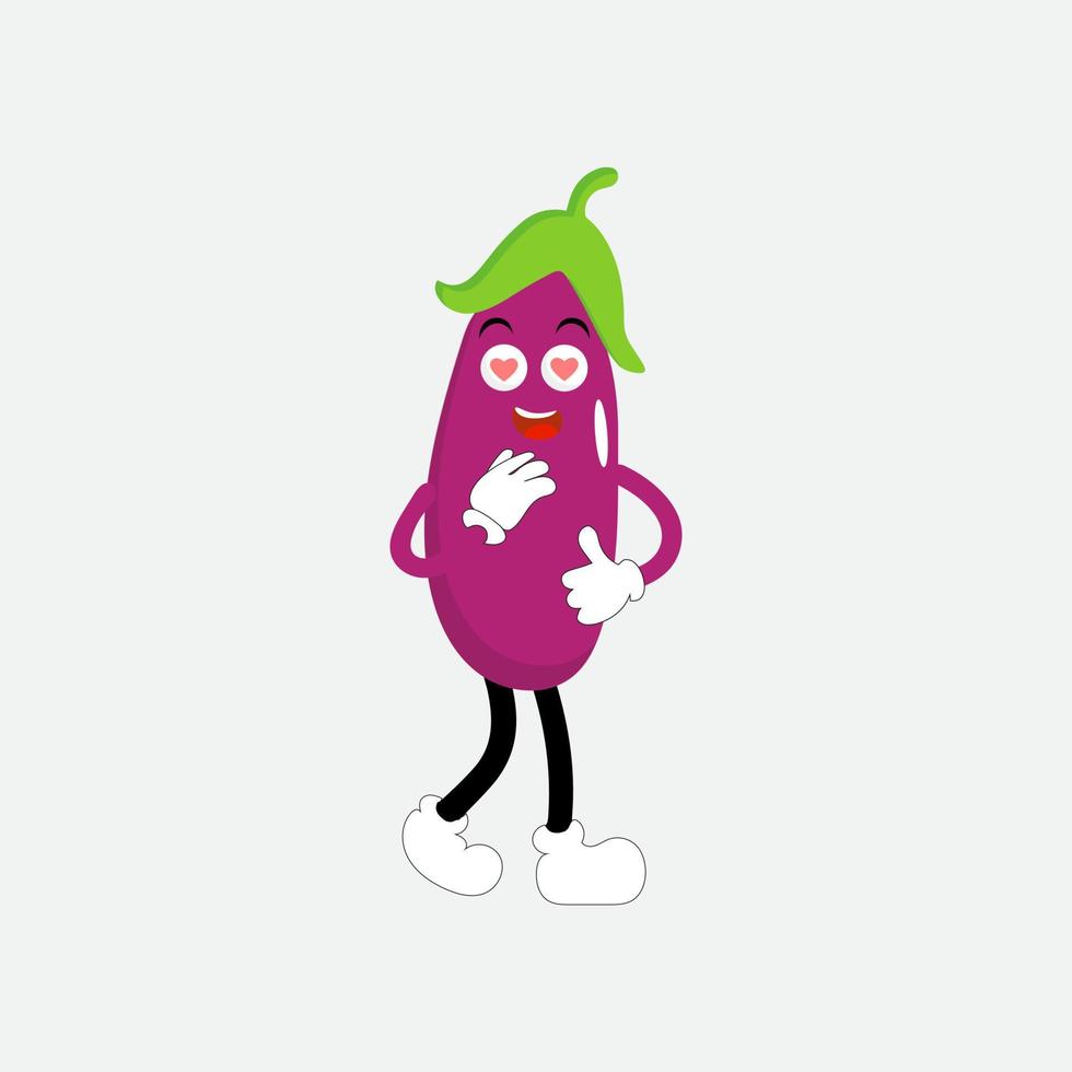 schattig aubergine karakter vector illustratie. vlak aubergine tekenfilm karakter zwaaien. minimaal Purper aubergine fruit ontwerp voor kinderen boeken. aubergine tekenfilm karakter