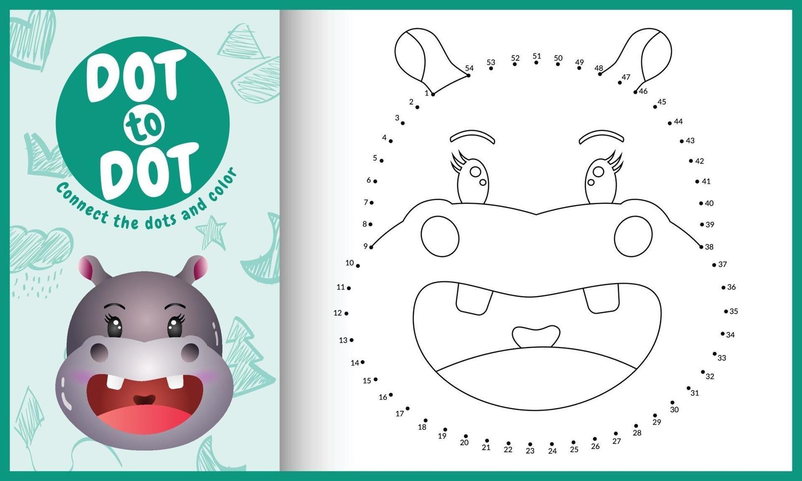 verbind het stippen-kinderspel en kleurpagina met een schattig gezicht nijlpaard karakter illustratie vector