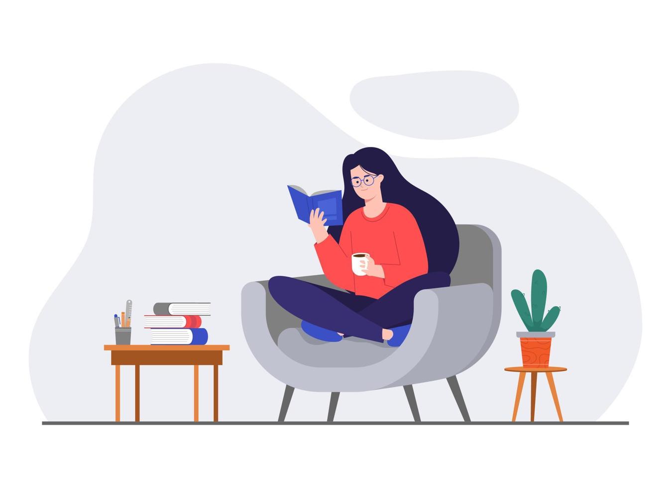 vrouw ontspannende Bij huis. meisje drinken heet koffie, lezing boek in fauteuil vlak vector illustratie. modern vector vlak illustratie.