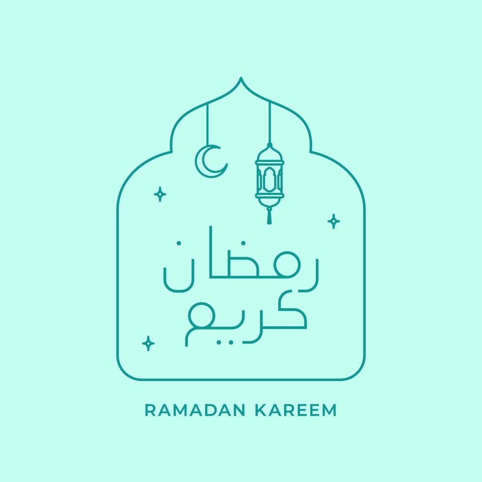 Ramadan kareem gemakkelijk schets schoonschrift tekst met halve maan maan en lantaarn lamp vector illustratie voor Islamitisch vastend maand evenement logo kenteken. Arabisch vertaling Ramadan kareem
