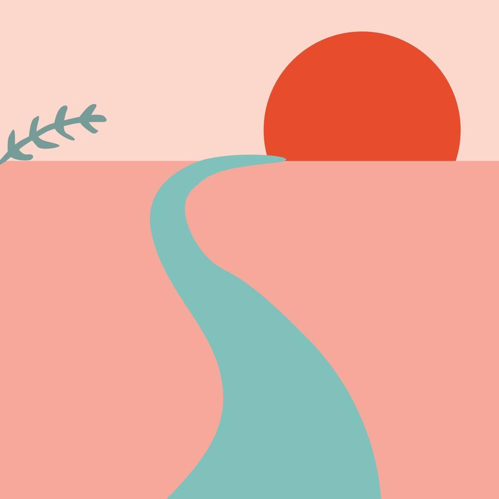 tekening. abstract landschap. hand getekend elementen of bochten. zonsondergang en rivier- vector