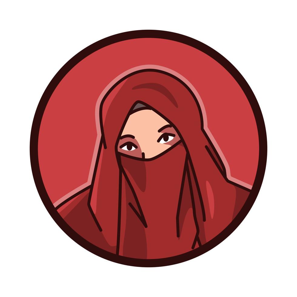 detailopname portret van een vrouw karakter slijtage nikab. Islamitisch sluier, hoofddoek. ronde, cirkel avatar icoon voor sociaal media, gebruiker profiel, website, app. lijn tekenfilm stijl. vector illustratie.