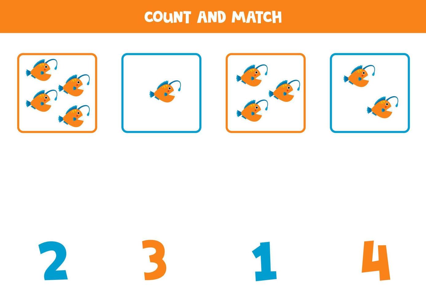 tellen spel voor kinderen. tellen allemaal zeeduivel en bij elkaar passen met nummers. werkblad voor kinderen. vector