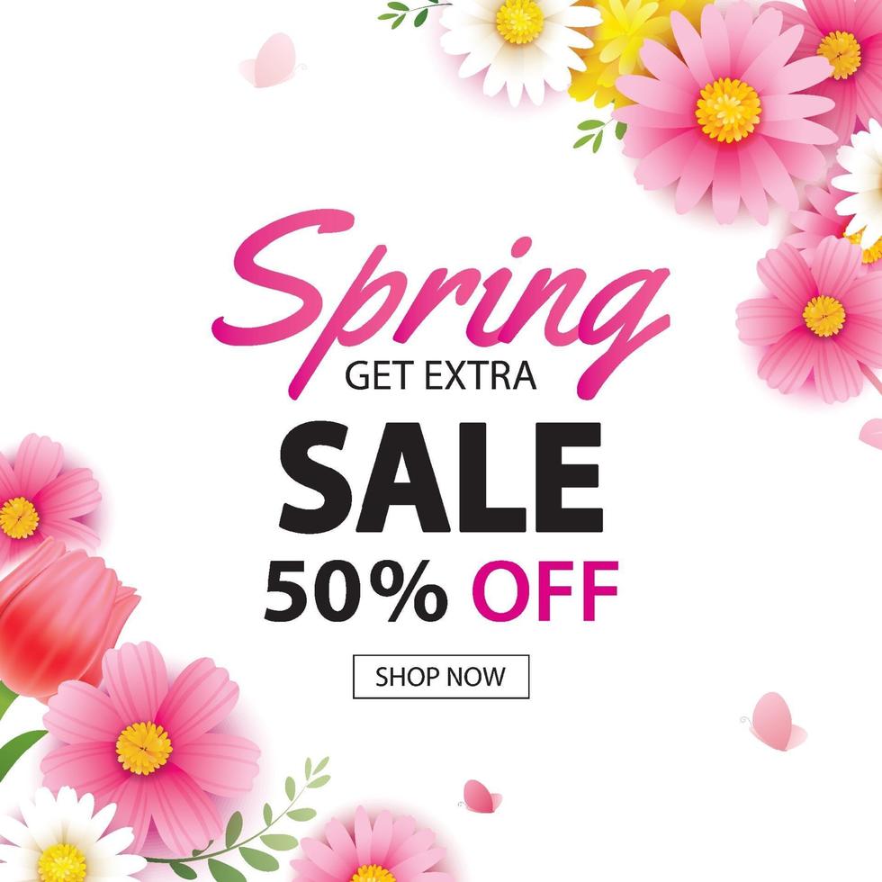 lente verkoop vierkante banner met bloeiende bloemen achtergrond sjabloon. ontwerp voor reclame, flyers, posters, brochure, uitnodiging, tegoedbon korting. vector