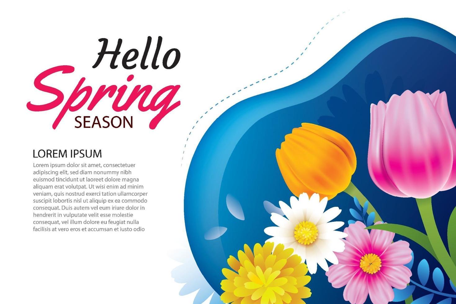 hallo lente wenskaart en uitnodiging met bloeiende bloemen achtergrond sjabloon. ontwerp voor decor, flyers, posters, brochure, banner. vector