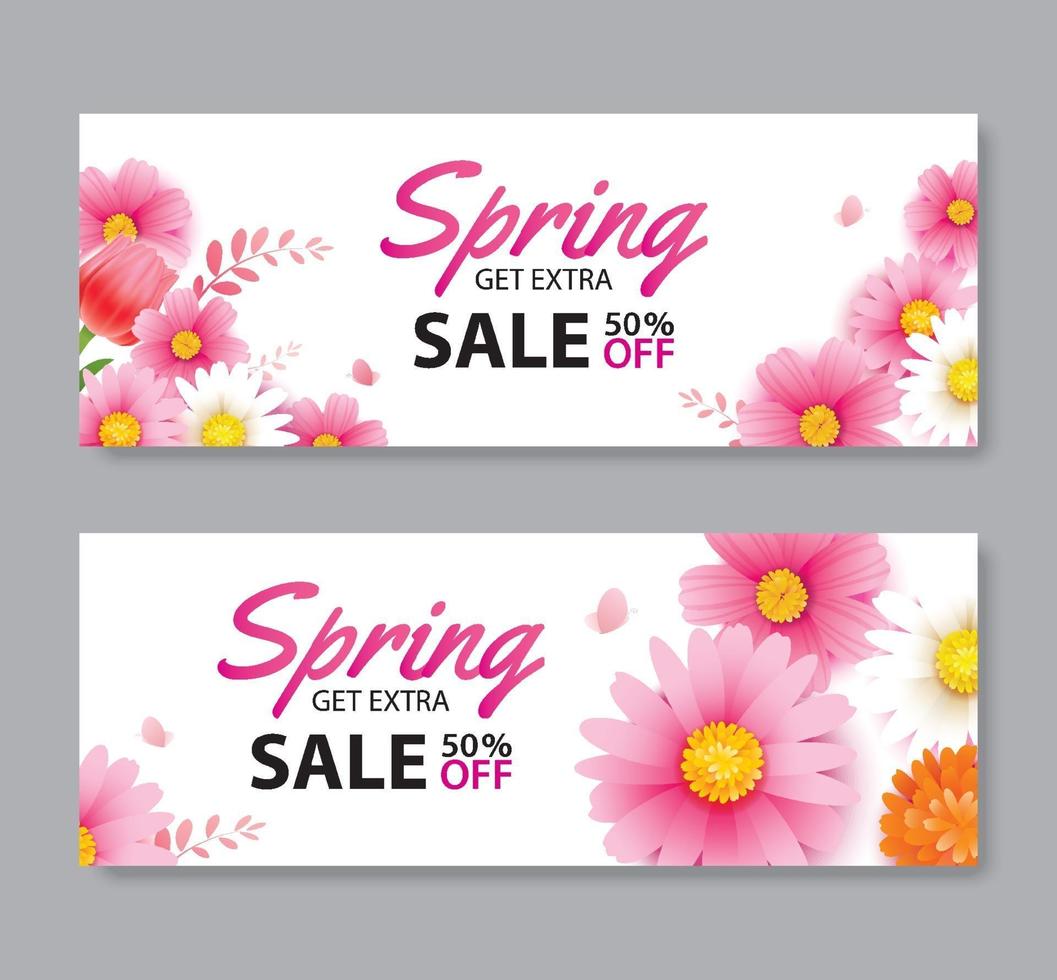 lente verkoop voucher banner met bloeiende bloemen achtergrond sjabloon. ontwerp voor reclame, flyers, posters, brochure, uitnodiging, dekkingskorting. vector