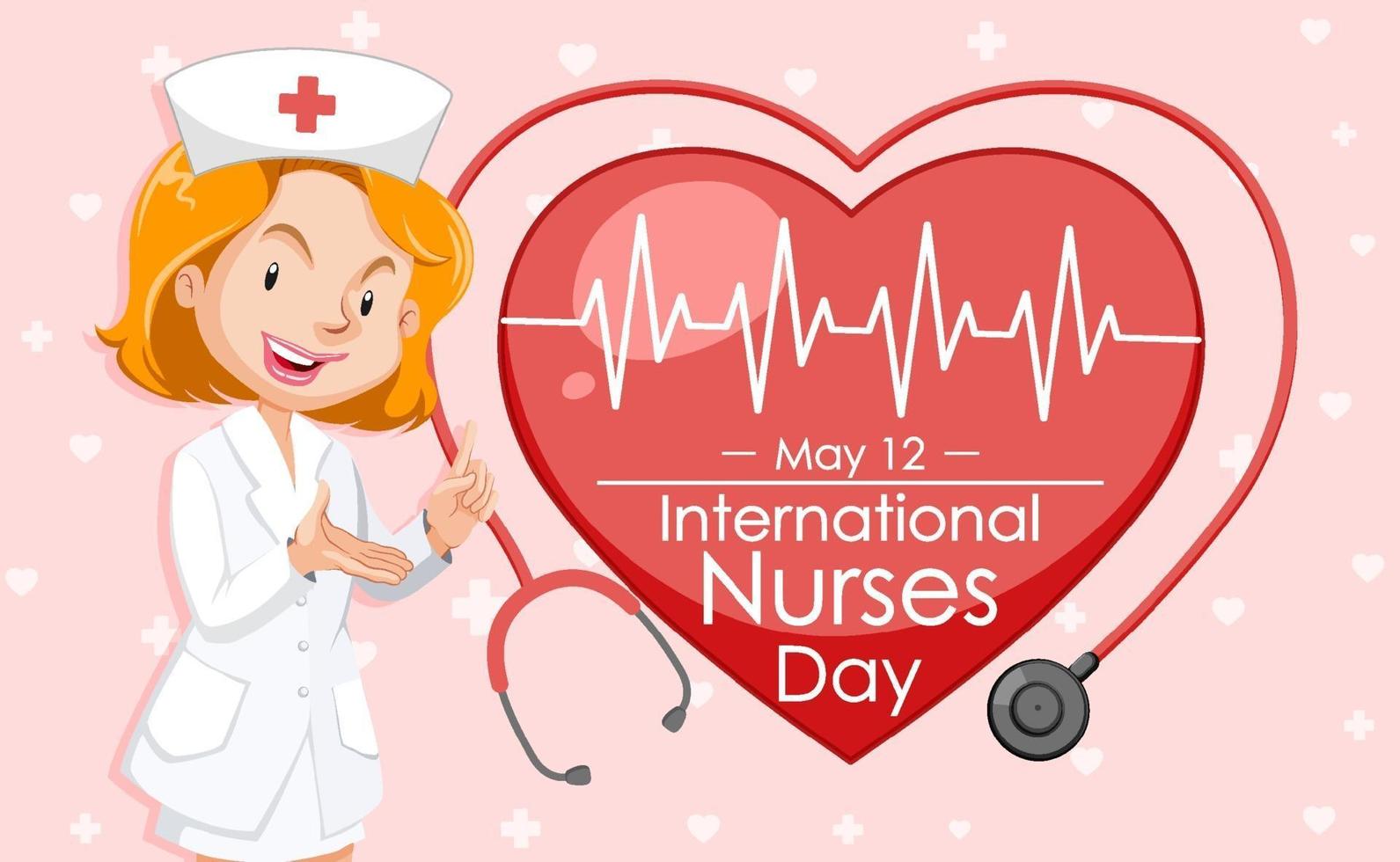 gelukkige internationale verpleegstersdag lettertype met verpleegster stripfiguur vector
