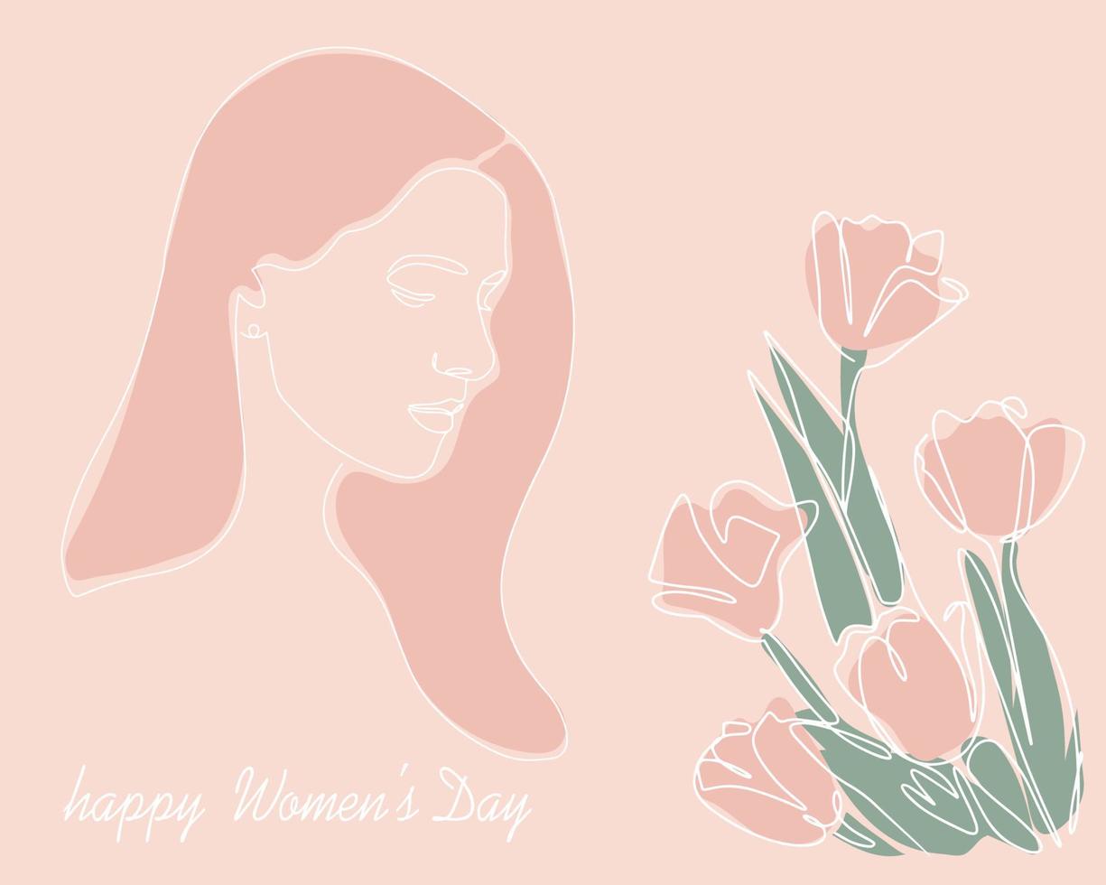 banier ansichtkaart met Internationale vrouwen dag. illustratie van een inschrijving meisje met tulpen. doorlopend tekening met een lijn. vector