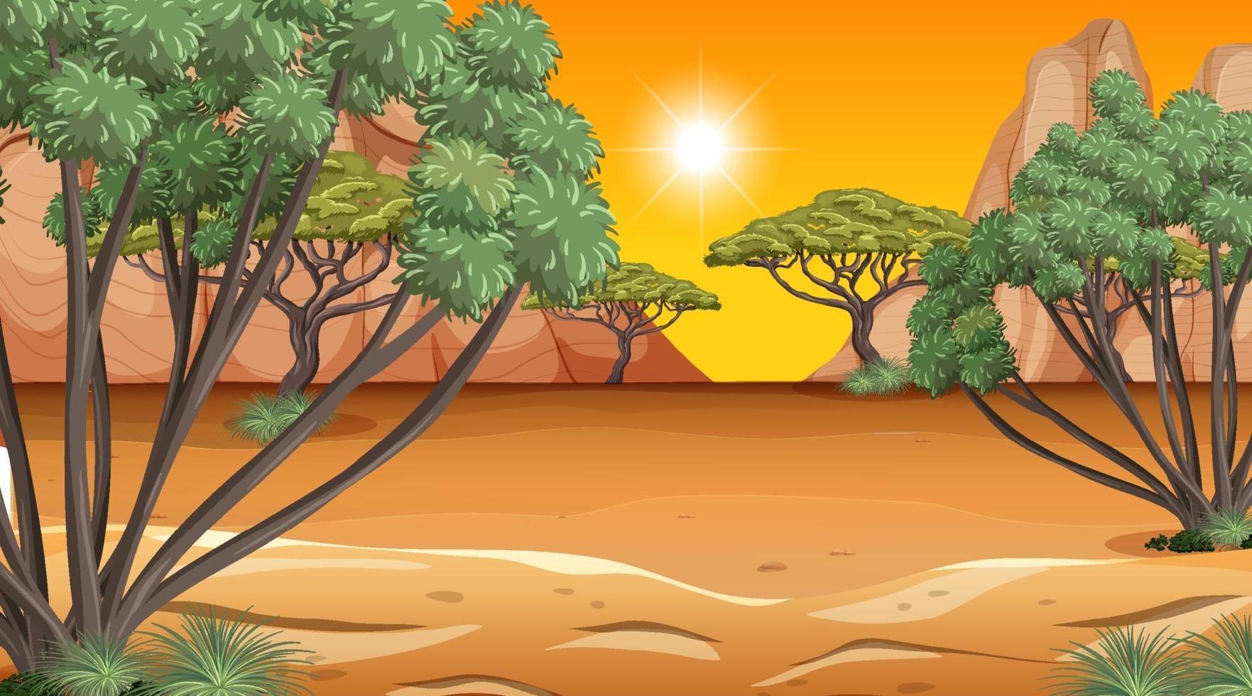 Afrikaanse savanne boslandschapsscène in zonsondergangtijd vector