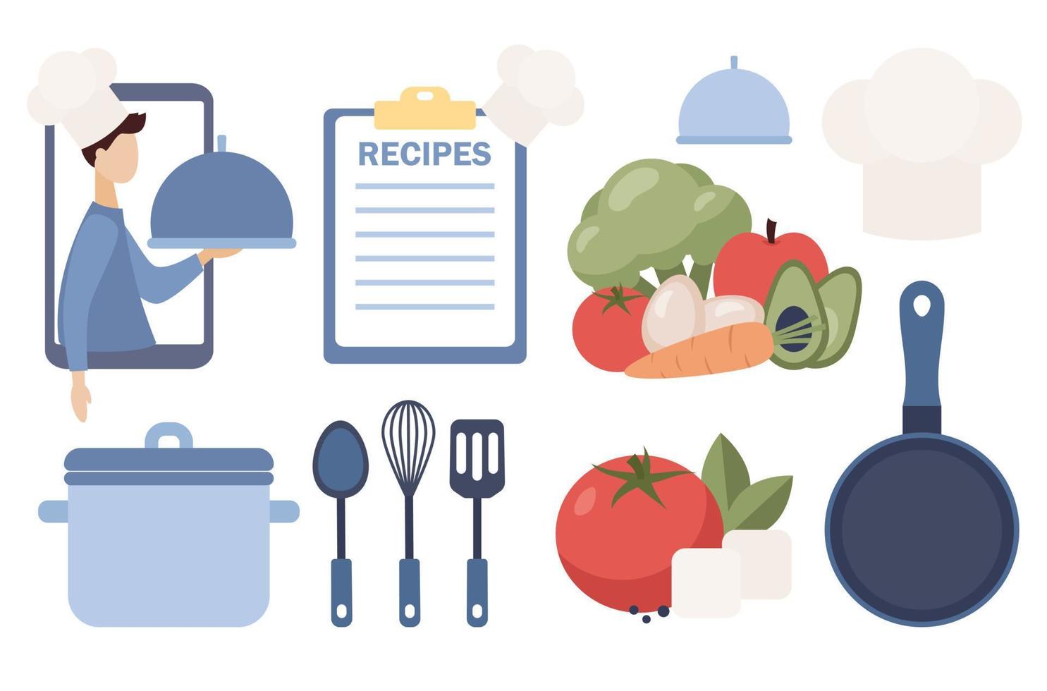 Koken icoon set. recepten boek concept. voedsel ingrediënten en keuken hulpmiddelen. culinaire tekst notities. voedsel blogger. vector vlak illustratie