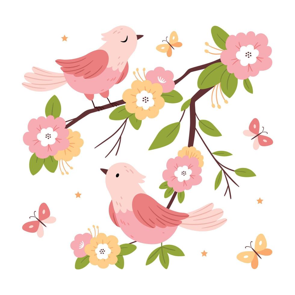 sprookje vogelstand en vlinders Aan bloem takken. pastel illustratie.hand getrokken vlak illustratie. vector