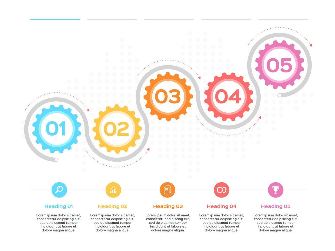 uitrusting infografisch. productie voortgang, ontwikkeling werkwijze bedrijf infographic met uitrusting diagrammen. 5 stap tijdlijn vector sjabloon