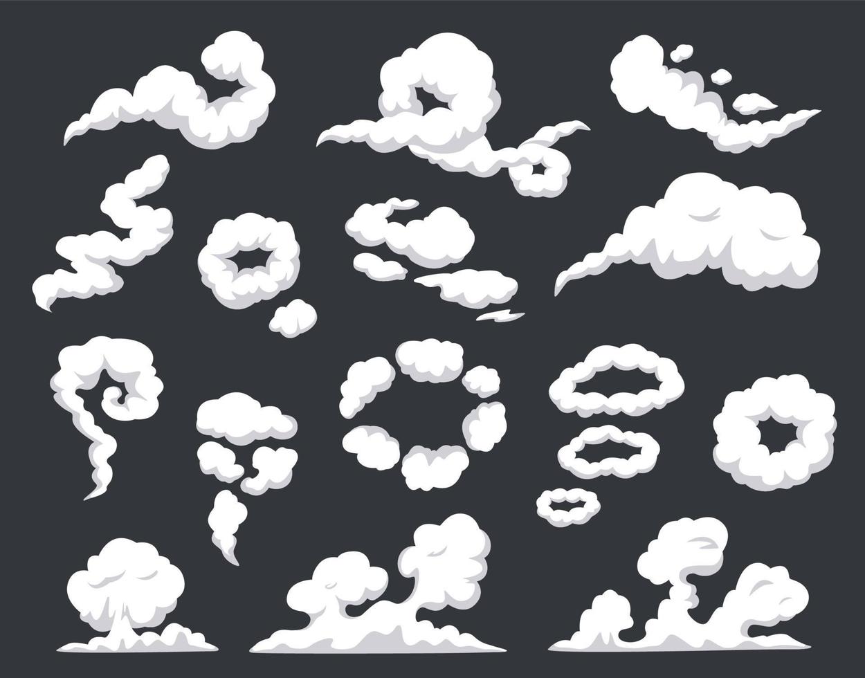 grappig rook. wervelende wolken, bladerdeeg van wind, stoom, smog, stof, mist. roken dampen, brand rookt explosie ontploffing wolk effect tekenfilm vector reeks