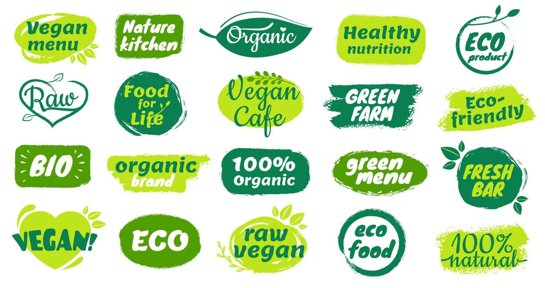 biologisch voedsel label. natuurlijk biologisch Product insignes, rauw veganistisch menu logo's, vers bar etiketten. hand- getrokken gezond voedsel stickers vector reeks