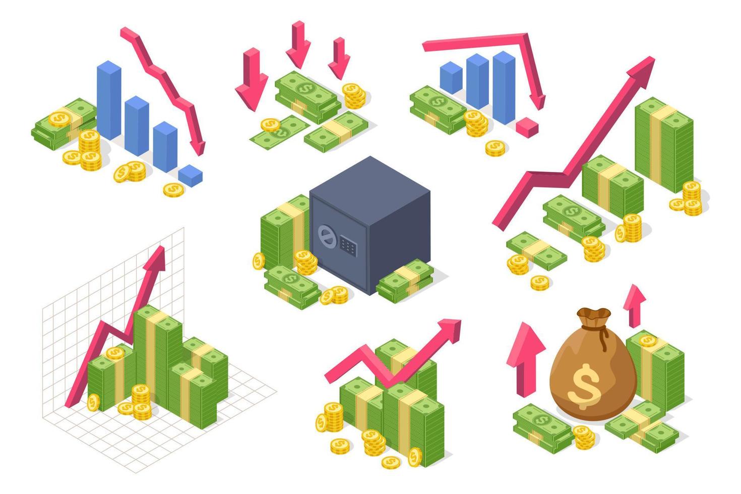 geld isometrische grafiek. inkomen groei, financieel succes concept met geld, munten, naar boven pijl. economisch crisis, voorraad markt vallen vector reeks