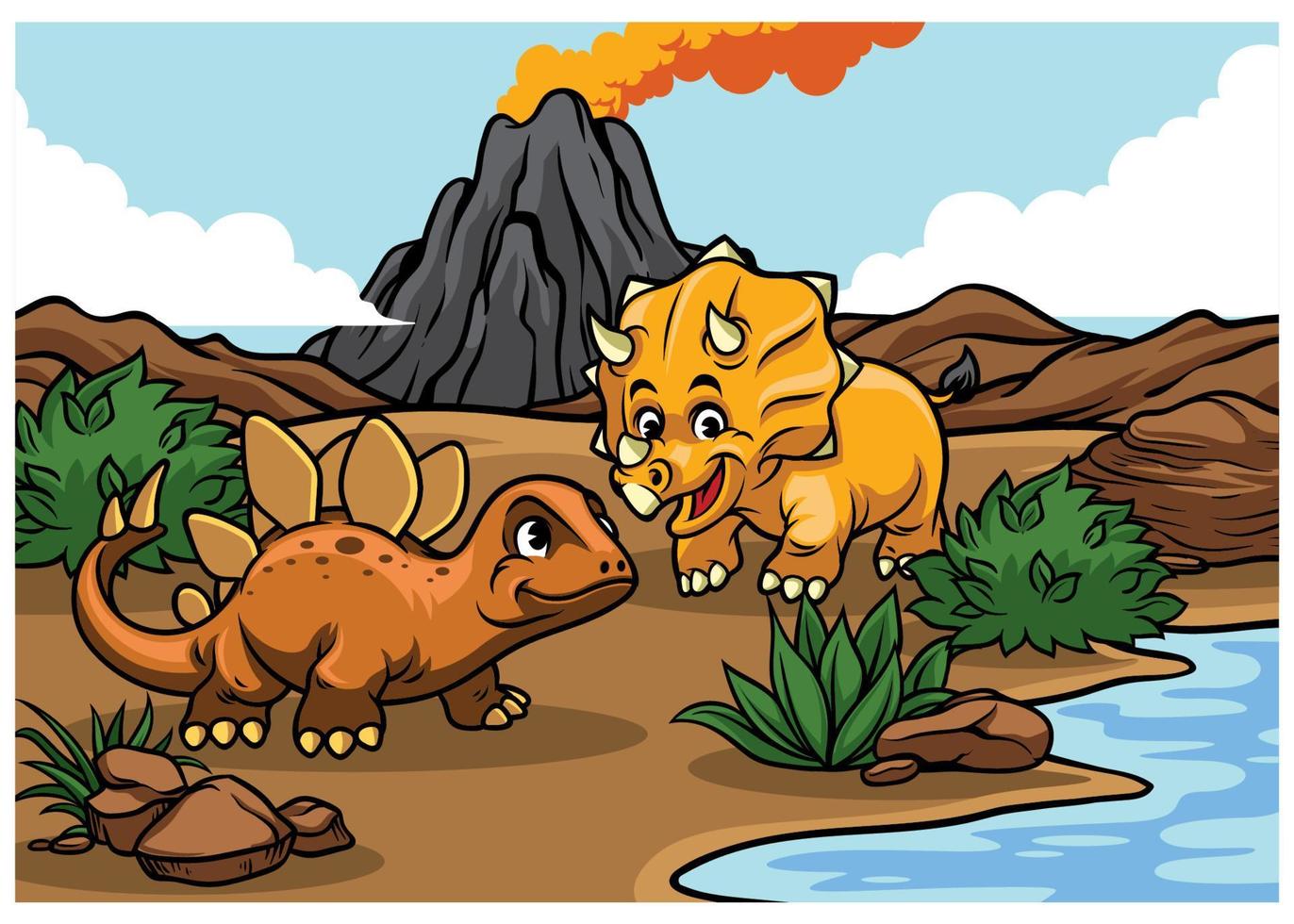 tekenfilm van triceratops en stegosauriërs in de natuur vector