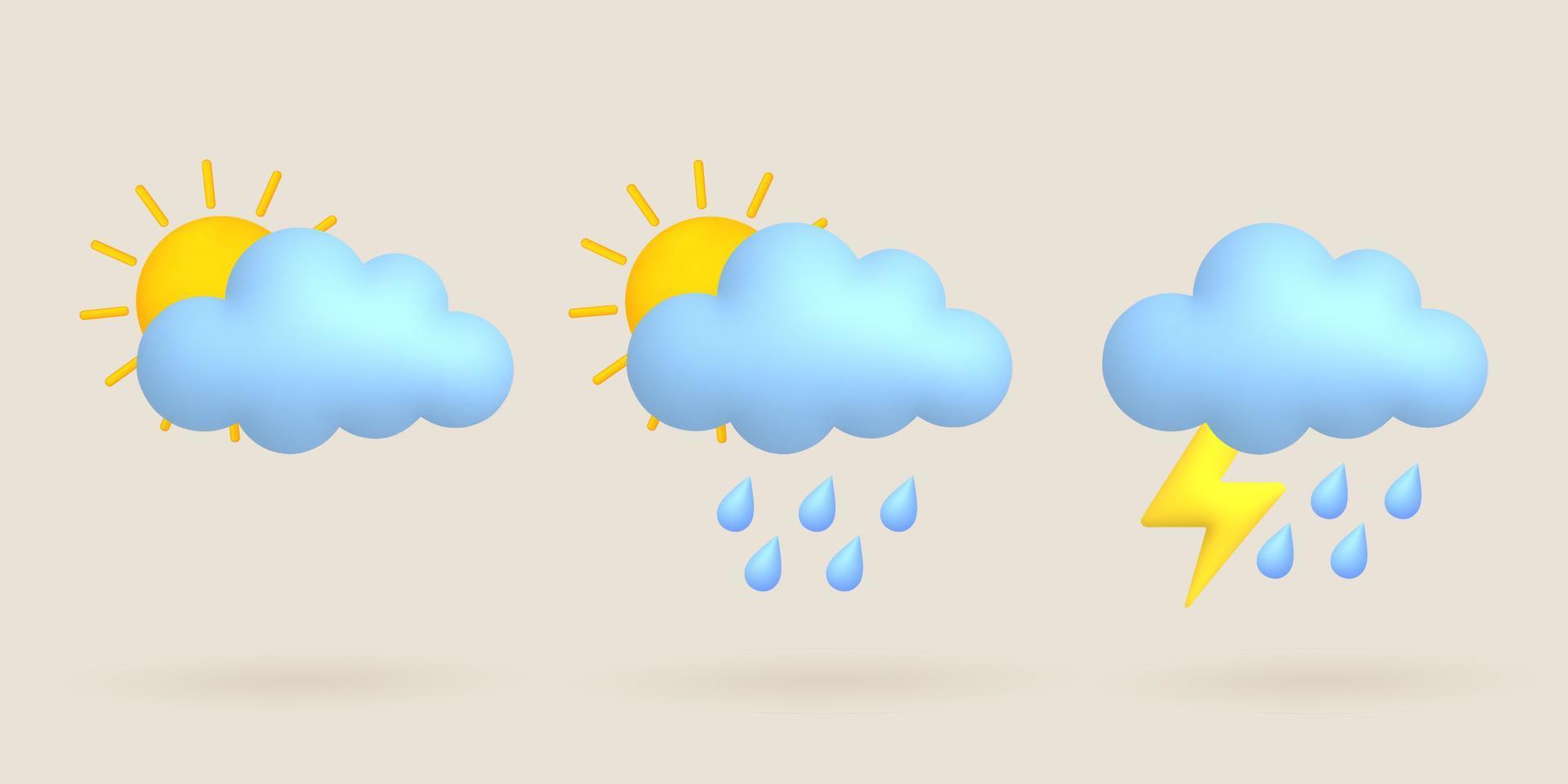 3d tekenfilm weer pictogrammen set. zon, regenen, wolk, bliksem, onweersbui. vector