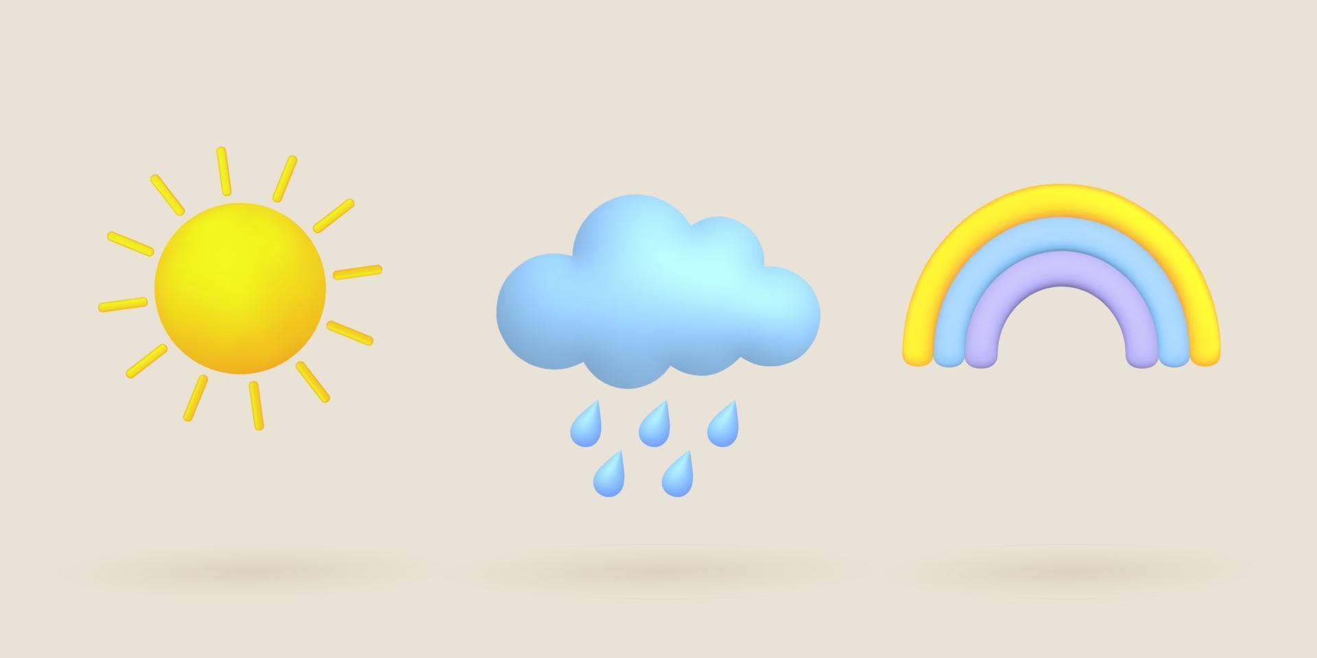 3d tekenfilm weer pictogrammen set. zon, regenboog, wolk, regen. vector