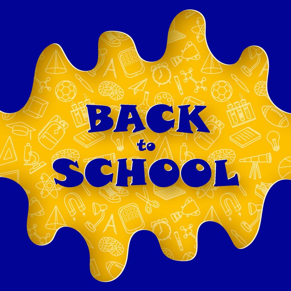 grappig abstract banier terug naar school- in papier besnoeiing stijl. blauw tekst Aan geel achtergrond met school- elementen tekening patroon. vector