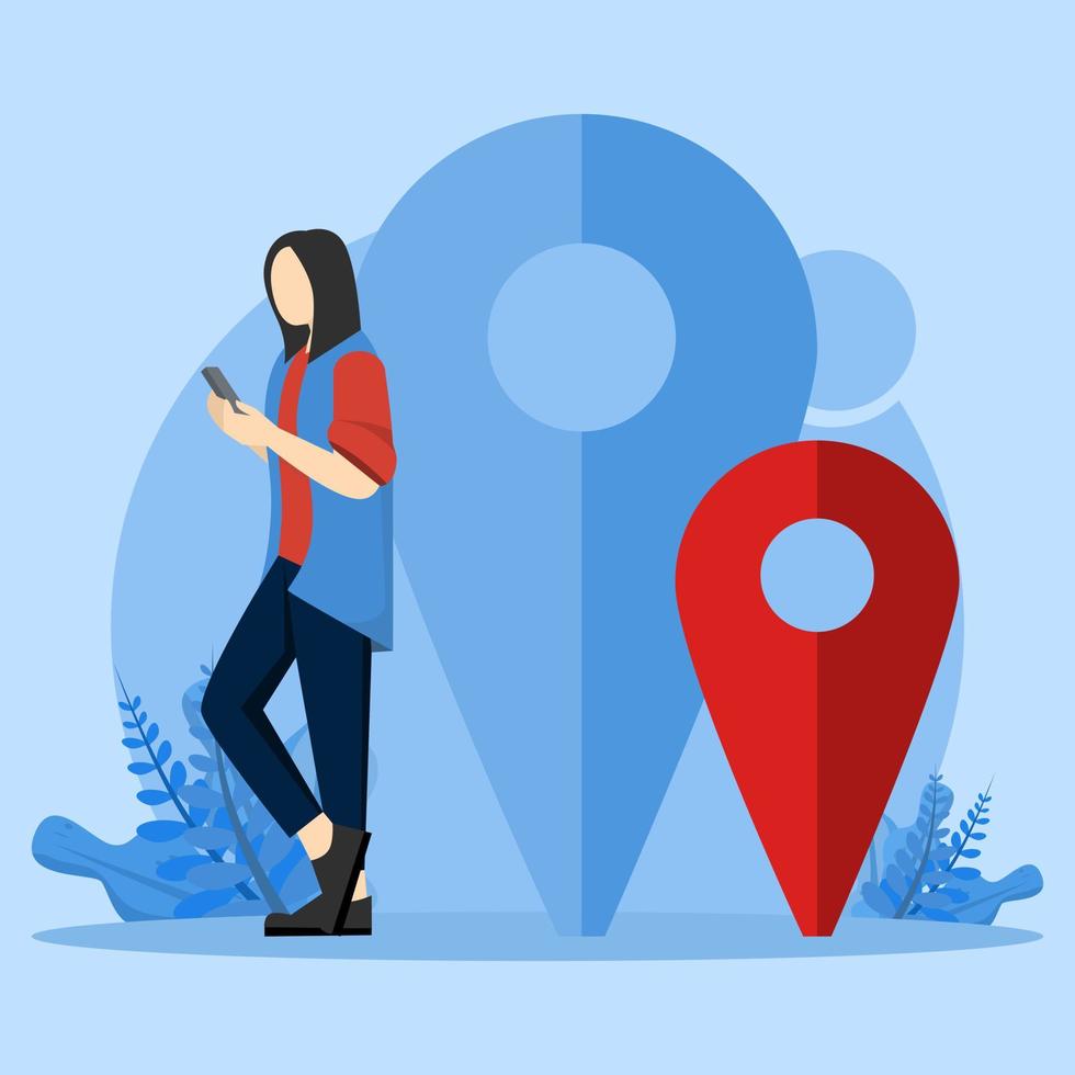mobiel app concept voor plaats volgen, navigatie, route vinden, routebeschrijving of adressen. vrouw aan het studeren Aan kaart pin en gebruik makend van smartphone. modern vlak vector illustratie voor spandoeken.