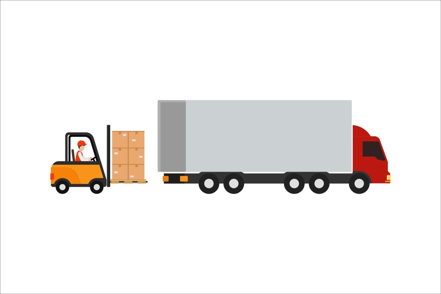 vector ontwerp in beweging goederen in vrachtauto met heftruck naar worden verzonden geïsoleerd Aan wit achtergrond