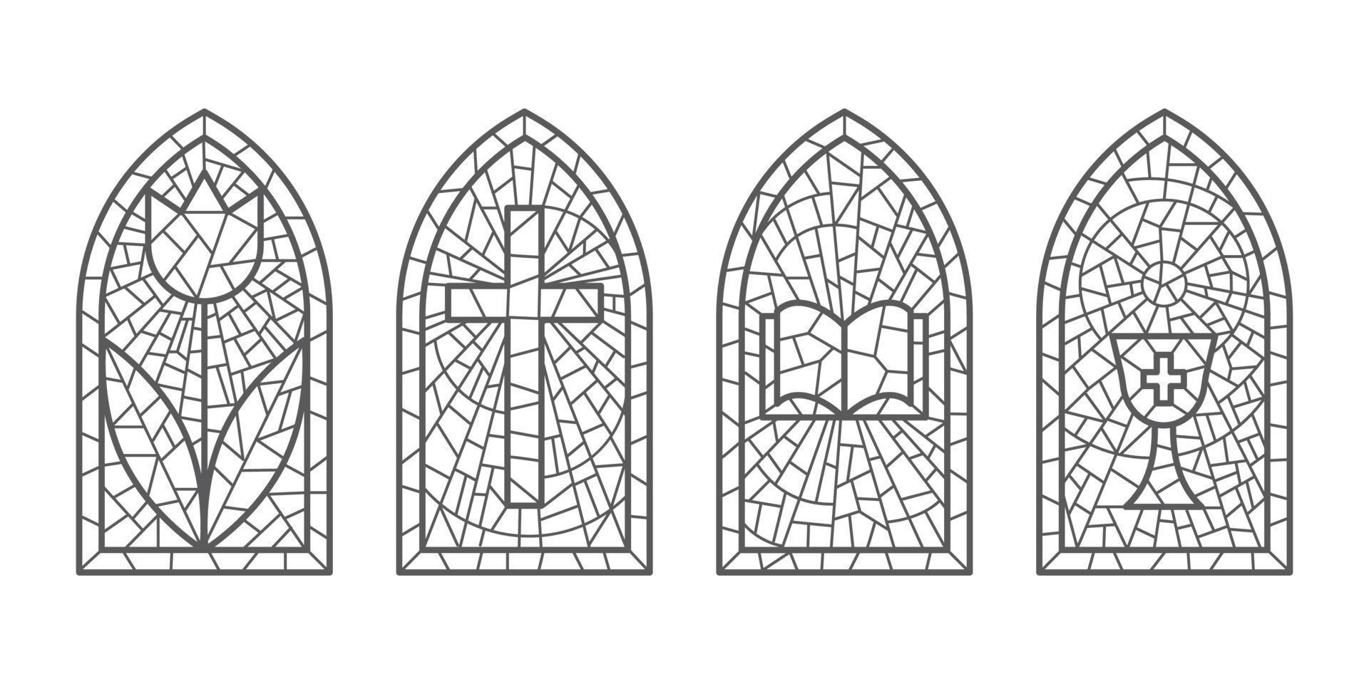 kerk glas ramen. gebrandschilderd mozaïek- Katholiek kaders met kruis, boek en religieus symbolen. vector reeks geïsoleerd Aan wit achtergrond