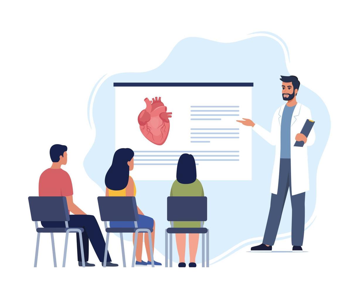 dokter geeft een opleiding lezing over anatomie voor studenten. dokter presenteren menselijk hart infographics. online medisch seminarie, lezing, gezondheidszorg vergadering concept. vector illustratie.