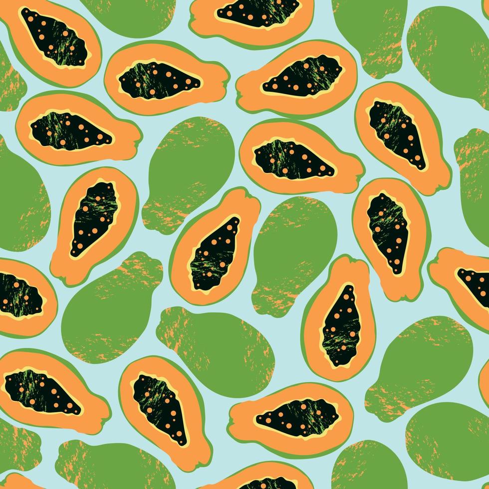 oranje, groen papaja patroon Aan een pale blauw achtergrond. exotisch zomer hawaiiaans vruchten. naadloos ontwerp voor web en afdrukken. mode vector tekening.
