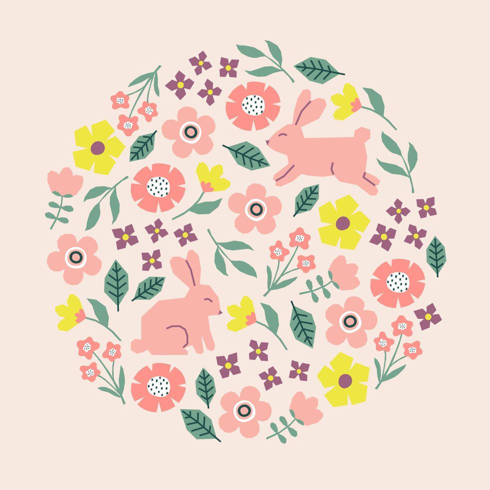 Pasen kaart met konijnen, bloemen en bladeren patroon. uitknippen kleurrijk elementen vector