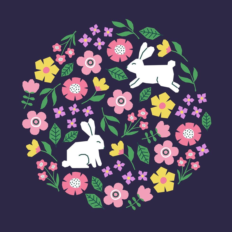 Pasen kaart met konijnen, bloemen en bladeren patroon. uitknippen kleurrijk elementen Aan donker blauw achtergrond vector