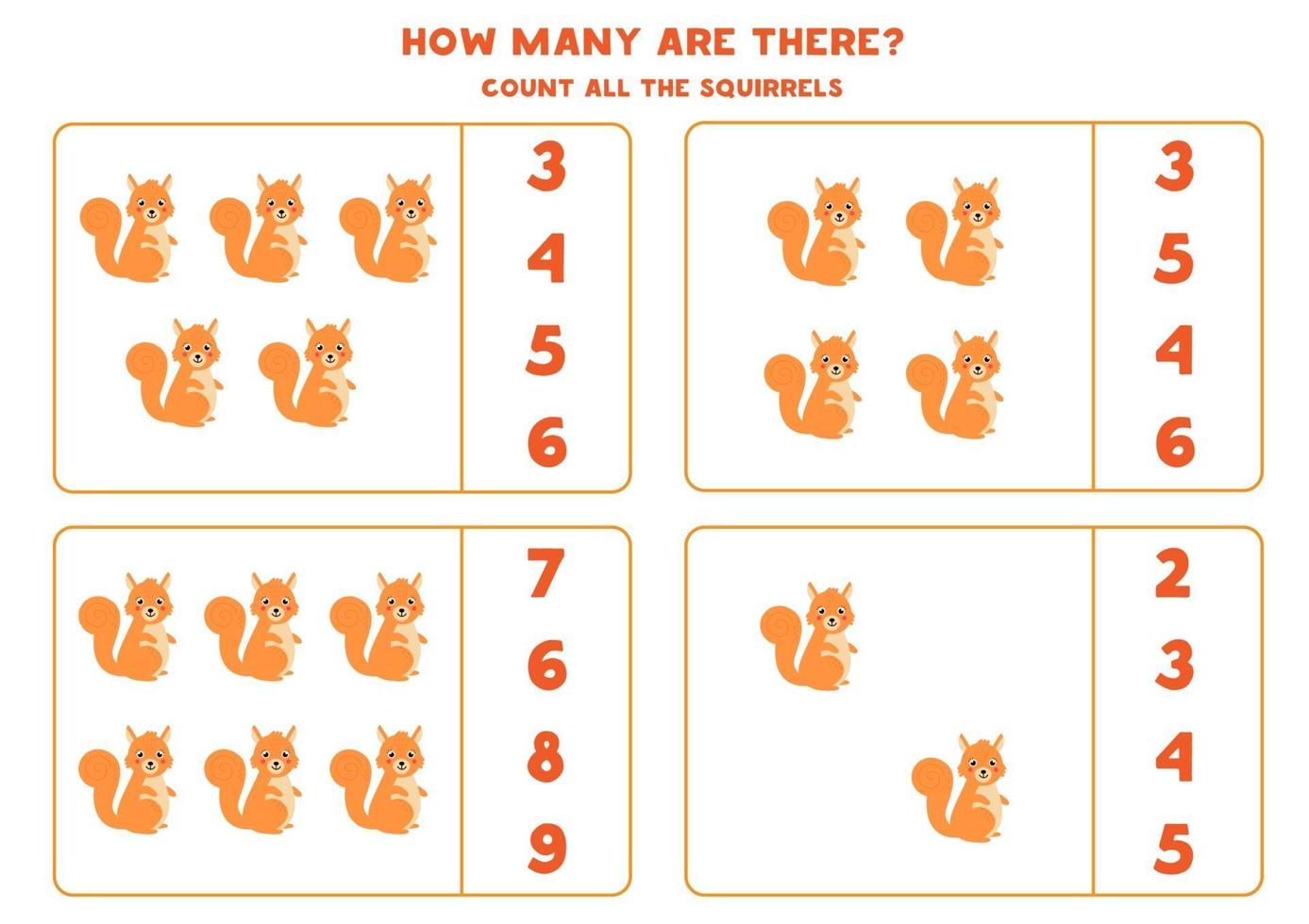 tellen wiskundespel met schattige cartoon eekhoorns. vector