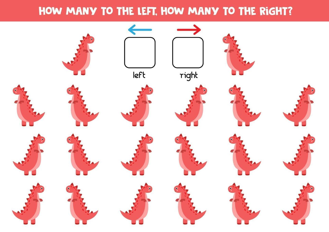 links of rechts met schattige rode dinosaurus. logisch werkblad voor kleuters. vector