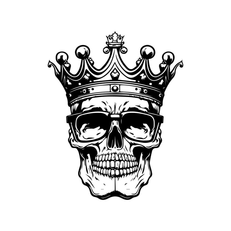 een verzameling van hand- getrokken, zwart en wit lijn kunst illustraties met een glimlachen schedel vervelend een vorstelijk kroon vector
