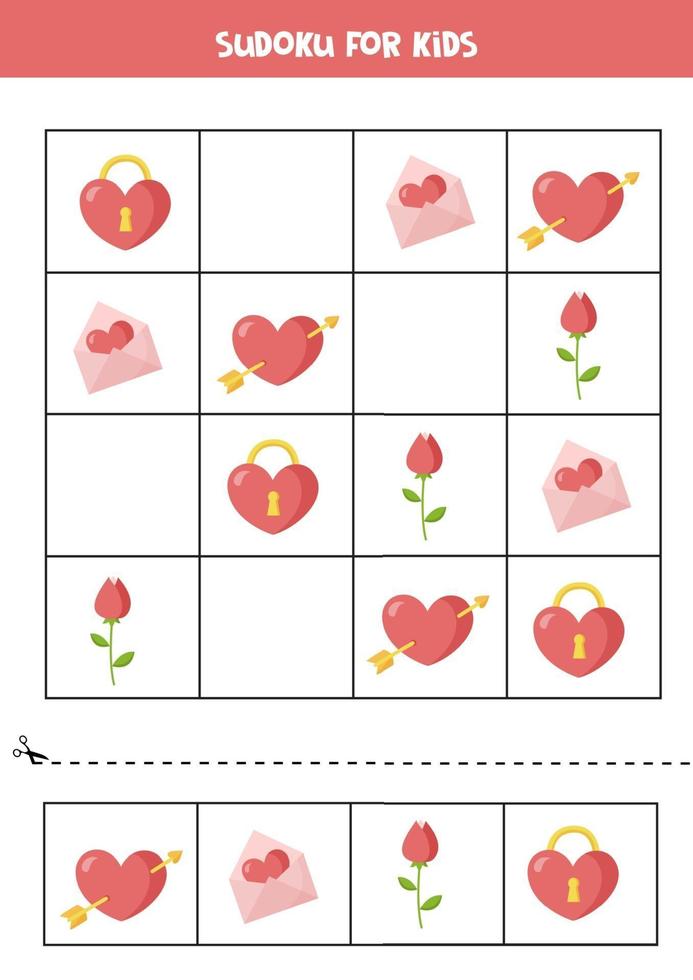 Sudoku-spel met valentijnshart, envelop, roos. vector