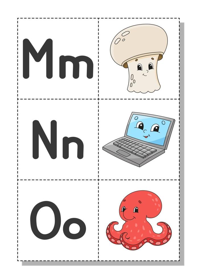 engels alfabet met stripfiguren m, n, o. flash-kaarten. vector set. heldere kleurstijl. leer abc. kleine letters en hoofdletters.