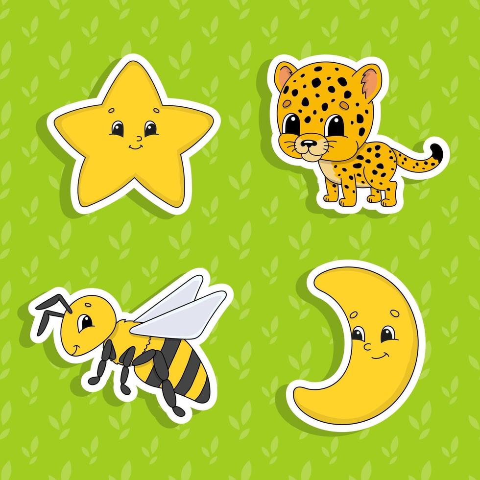 set stickers met schattige stripfiguren. schattige clipart. hand getekend. kleurrijk pakket. vector illustratie. patch badges collectie. label ontwerpelementen. voor dagelijkse planner, dagboek, organisator.