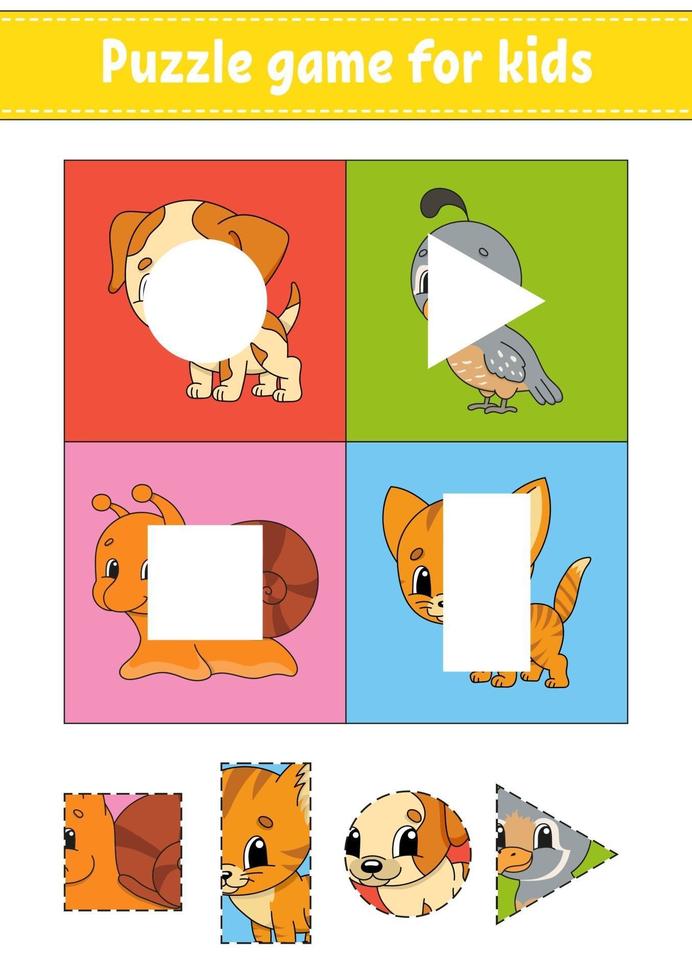 puzzelspel voor kinderen. Knip en plak. snijden praktijk. vormen leren. onderwijs werkblad. cirkel, vierkant, rechthoek, driehoek. activiteitenpagina. stripfiguur. vector