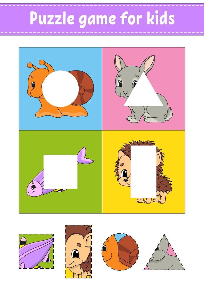 puzzelspel voor kinderen. Knip en plak. snijden praktijk. vormen leren. onderwijs werkblad. cirkel, vierkant, rechthoek, driehoek. activiteitenpagina. stripfiguur. vector