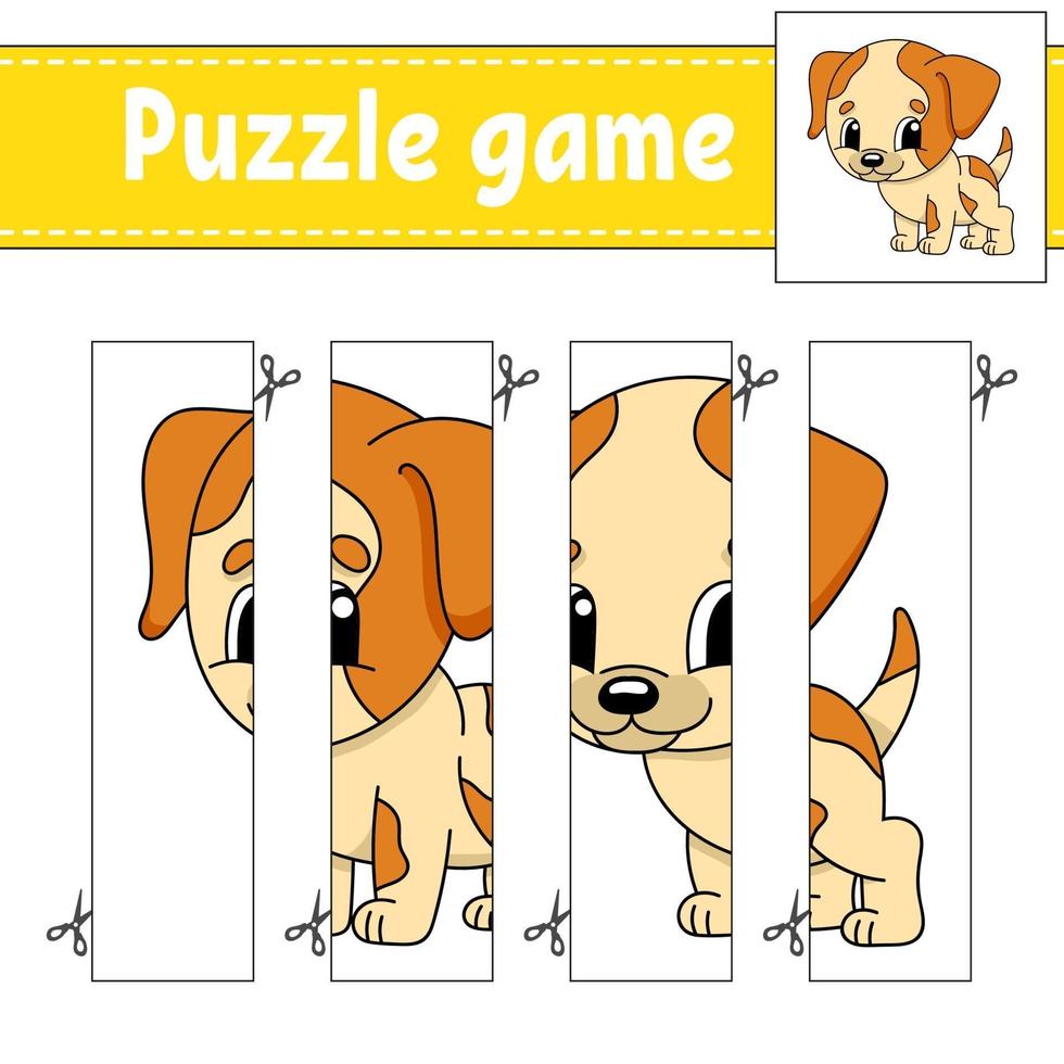 puzzelspel voor kinderen met hond. snijden praktijk. onderwijs ontwikkelend werkblad. activiteitenpagina. stripfiguur. vector