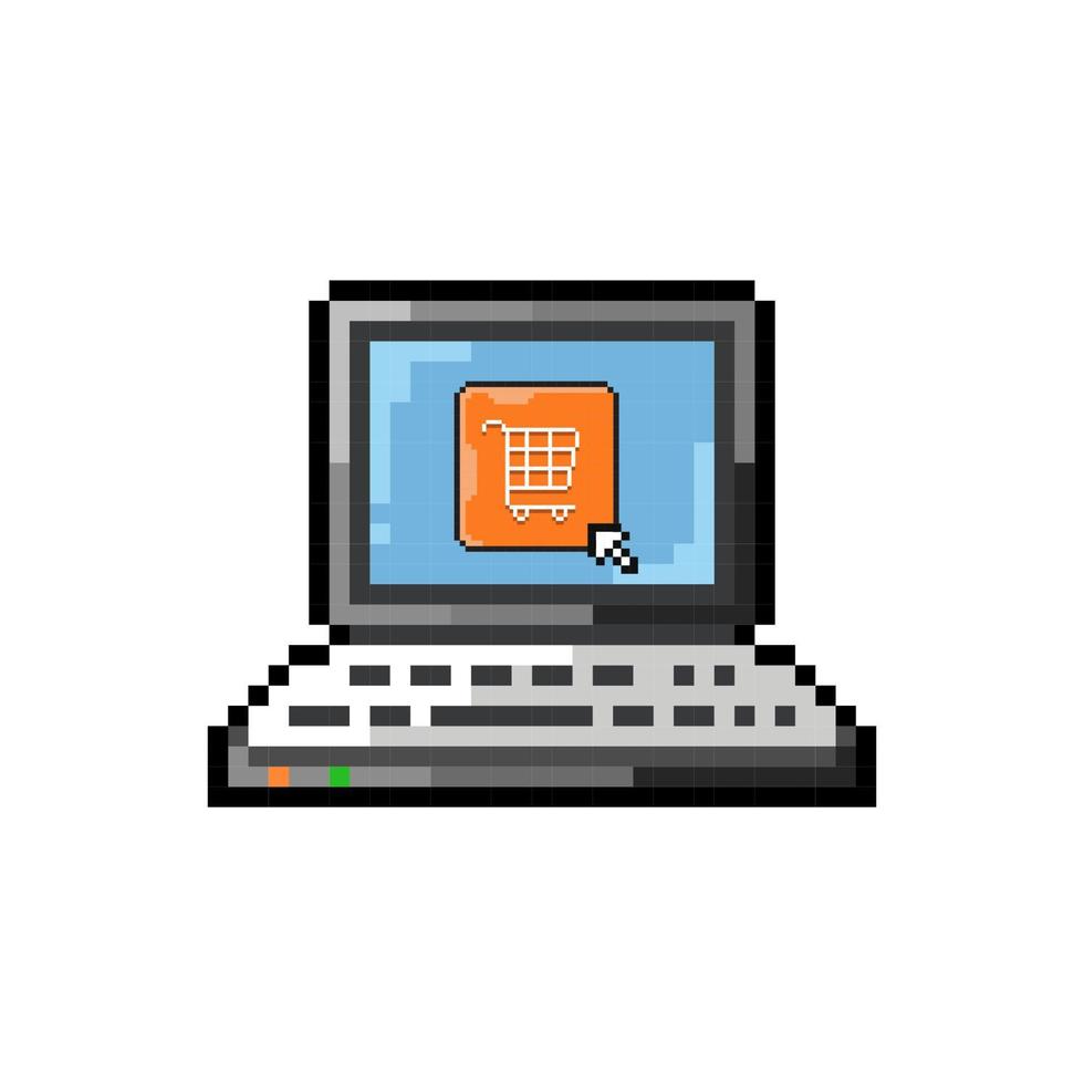 laptop met boodschappen doen knop in pixel kunst stijl vector