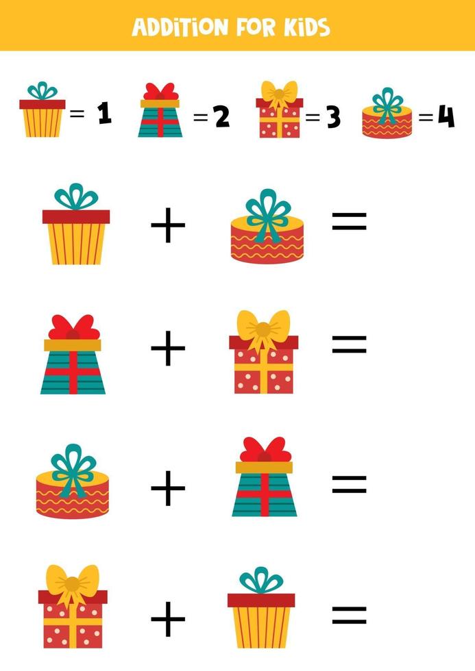 aanvulling met kerst geschenkdozen. wiskundig spel voor kinderen. vector